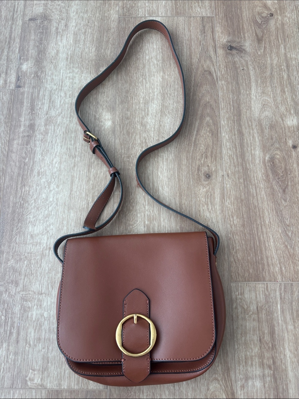 Brown Leather Crossbody Bag with Gold Ring Accent by Banana Republic